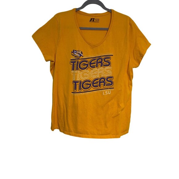 Russell Athletic Ladies LSU Tigers Gold V-Neck T-Shirt XL Short Sleeve College - Picture 1 of 10